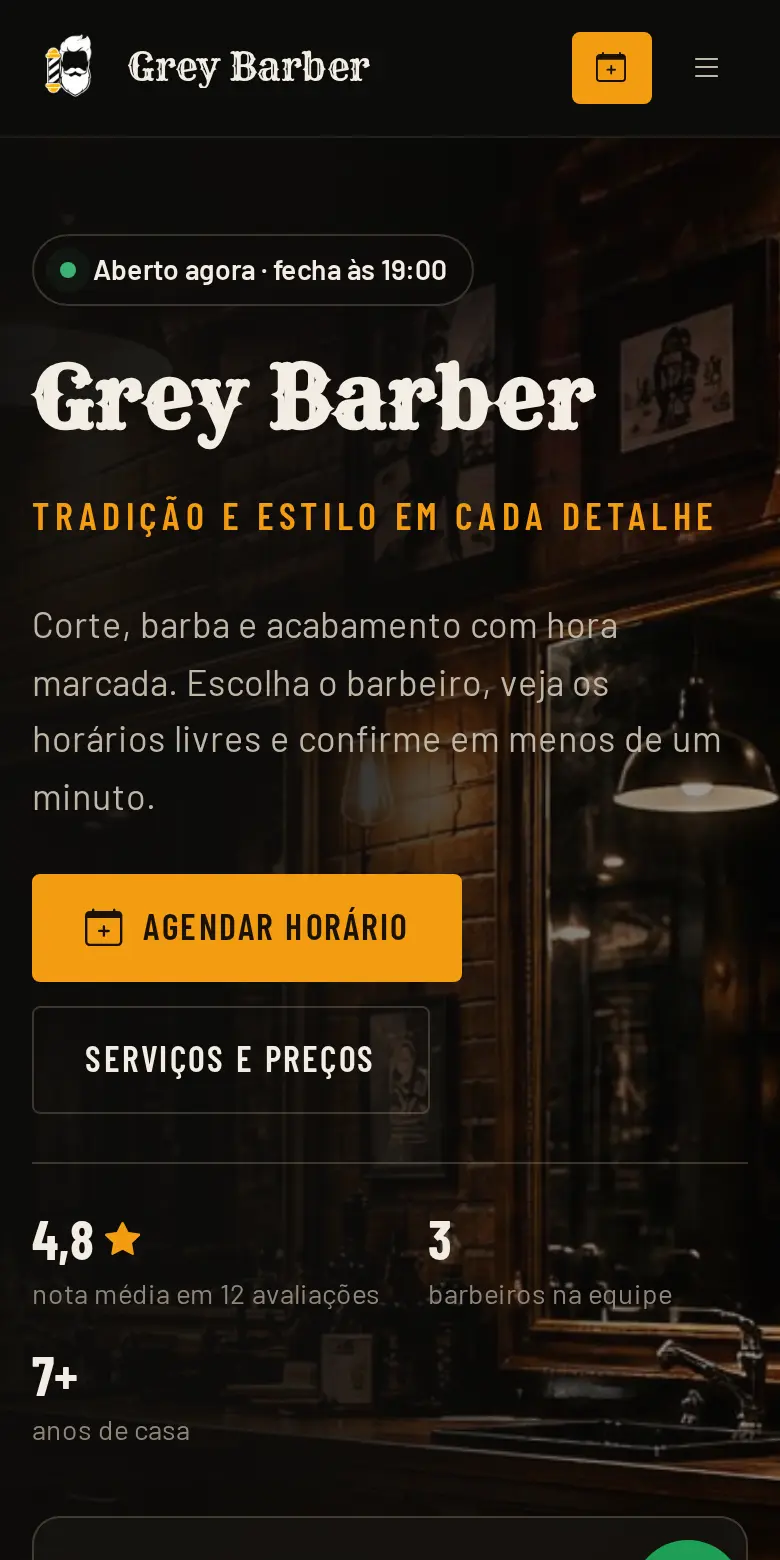 Site da barbearia no celular com o botão Agendar horário